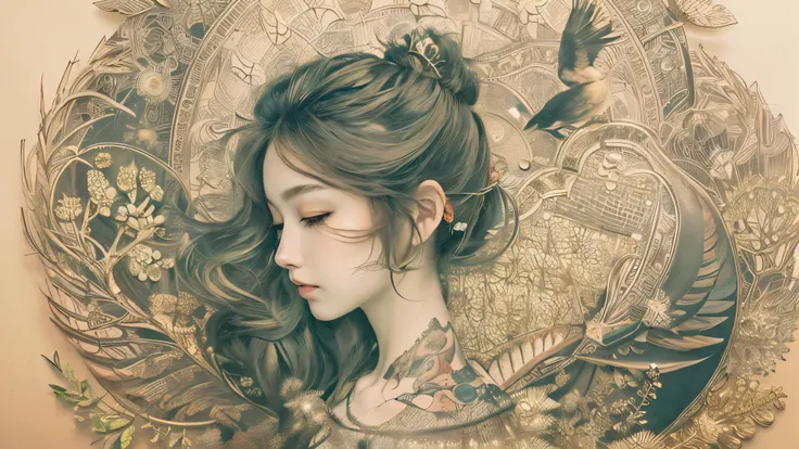 ((((masterpiece))), tattoo、Highest quality, An illustration, Beautiful details shine,
paper_cut, The details of a fragile girl&#39;s face captured on camera, wood, moon, butterfly,Wind、star、spider、Ladybug、centipede