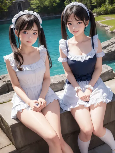 ((masterpiece)), ((highest quality、Ultra high definition)), (Very detailed),8K、Photo quality、((Amazingly cute girl)),16-year-old girl)), Two people, , (Beautiful emerald blue eyes), ((smile)),In the open-air bath overlooking the sea, Beautifully arranged b...