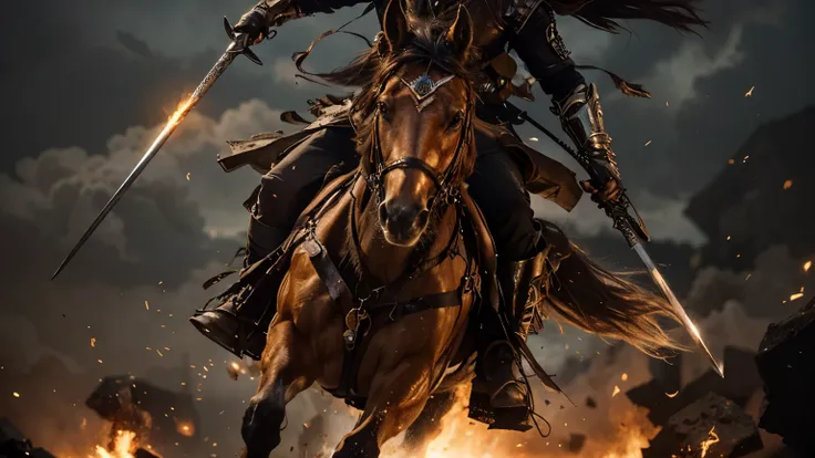 Full body view of an romantic man 38yo royal warrior, carrying a sword and spear, two big fox running background, riding a A (horse) that is a "blend" between a corner of a hell devil and fire, sparks, smoke, debris. Scary face. Its a rush, running in sear...