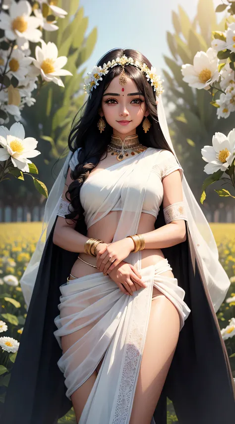 Beautiful indian girl black hair smile face dream full eyes come form heaven white saree,flower field background nurturescape midnight ultra realistic 8k