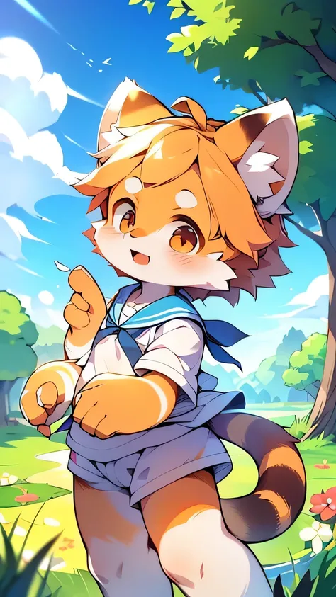 Red Panda Girl,Characteristics of the Sailor Suit,super high quality,Very detailed,High resolution,Cute art style in anime,Rice field scenery,(Cheerful teenager,13 years old:1.3),alone,single,Cute face female