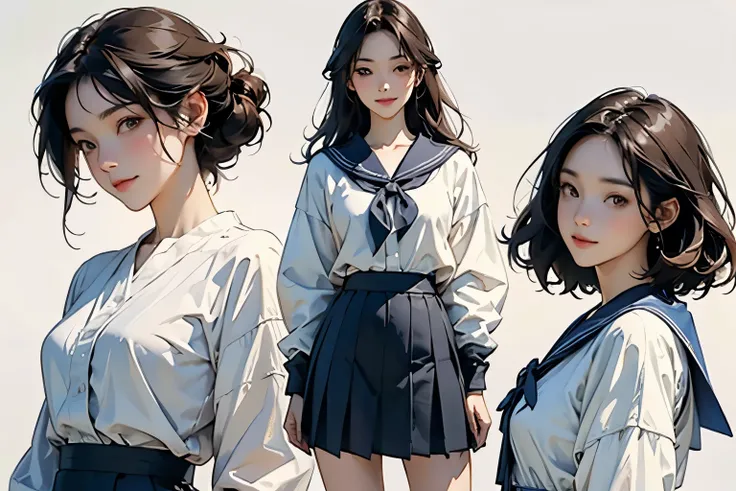 (Perfect Face,Illustration of three women in different clothes)、(Three Girls、For 3 people、natural standing posture)、(Girls in line)、( Half-body illustration)、(Character Concept Art)、(Detailed facial depiction、A kind smile)、Short dark brown hair、White Sailo...