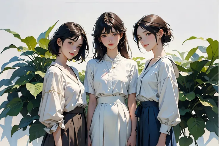 (Perfect Face,Illustration of three women in different clothes)、(Three Girls、For 3 people、natural standing posture)、(Girls in line)、( Half-body illustration)、(Character Concept Art)、(Detailed facial depiction、A kind smile)、Short dark brown hair、White Sailo...