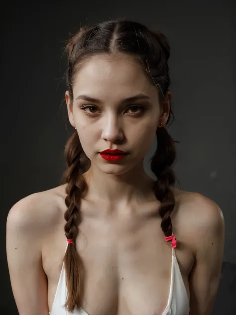 Perfect latin woman with long Pigtails in the style of hellcore, pale skin and light red lips