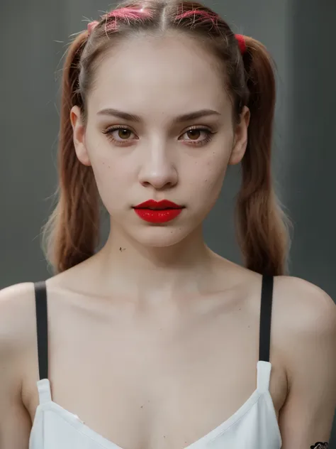 Perfect latin woman with long Pigtails in the style of hellcore, pale skin and light red lips