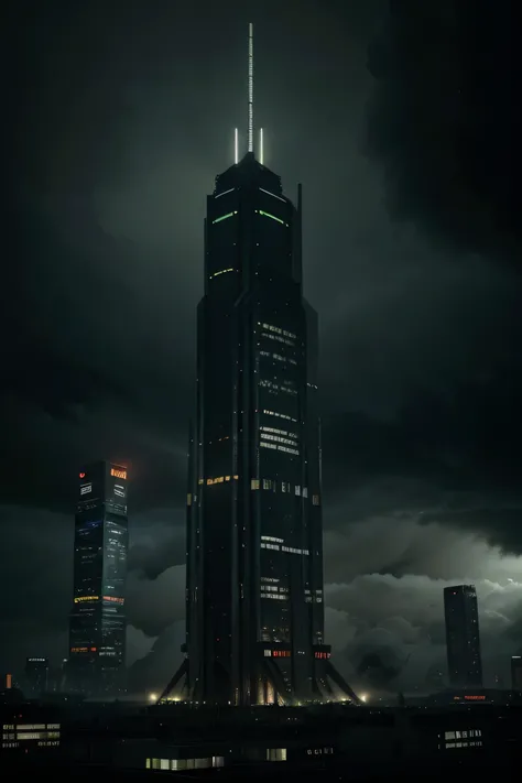 A dark and gigantic monolithic-like dramatic futuristic skyscraper in brutalist style with window lines, set in a dark, cyberpunk green palette. The windows should glow bright green in a cyberpunk style The scene should be futuristic, featuring bold shapes...