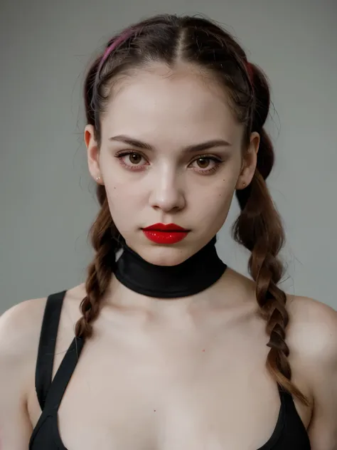 Perfect latin woman with long Pigtails in the style of hellcore, pale skin and light red lips