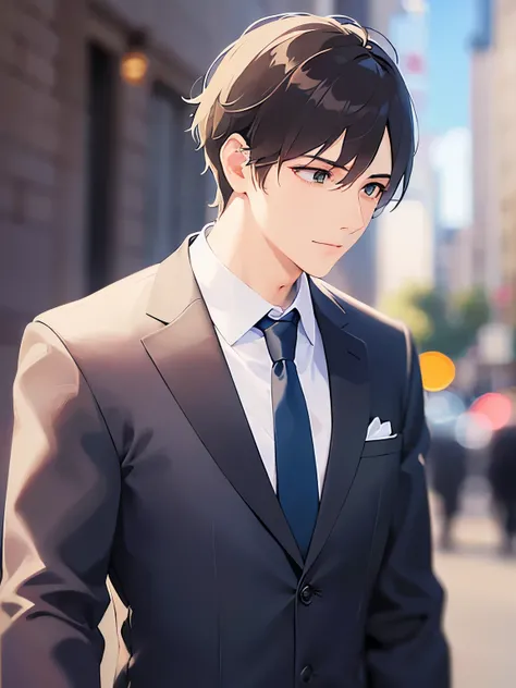 side angle, (looking away:1.5), upper body、shiny skin, masterpiece、Highest quality、(25-year-old male:1.5) and (Brown short hair) and (Green Eyes), (Wearing a suit:1.3) and (Blue tie)、Are standing、smile、The background is a city of buildings、(Alone:1.5)、