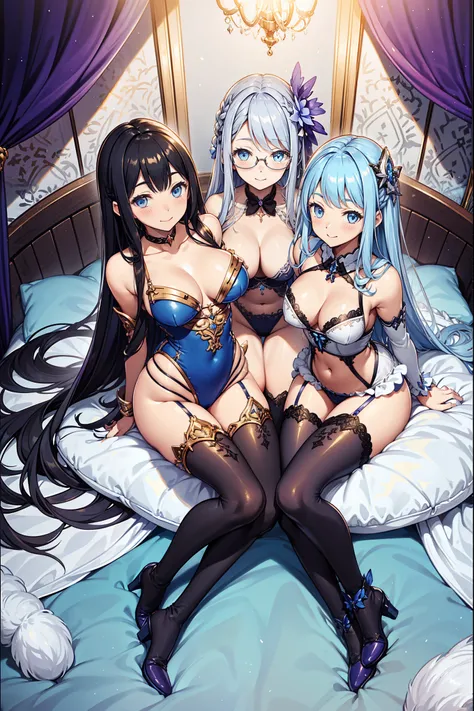 saints，Attractions，Having fun，in love，(Bodysuits and swimsuits)，Silver Hair，blue eyes，Transparent clothes，Smile,Decoration of saints，Lilac cloth，A small amount of gold pattern，snowy night，Transparent lace，Exquisite clothing，bedroom，The only person，night，Ca...