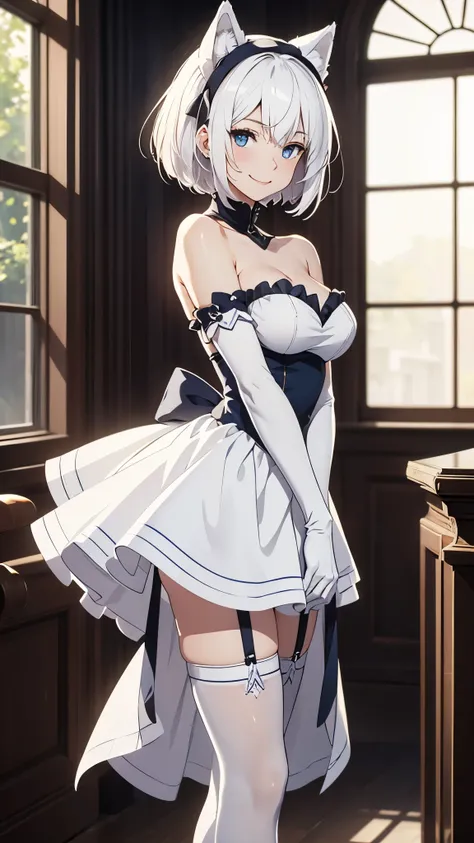 high resolution　Best image quality　8K　 Adult females　Anime style　White long gloves(Elbow gloves)　cuff　White maid outfit（Strapless）stocking　White wolf ears　short hair（（shortcut）（White hair）（Perm）（Fluffy））　blue eyes　Charming face（Smile）　Standing　Wave