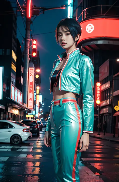 a woman wear glossy suit in cyan color with red neon stripes, wear red pants with three white neon stripes, she has short hair in. mint colors, she standing on roadside, nightime, fast and furious, neons lighting and billboards city. 