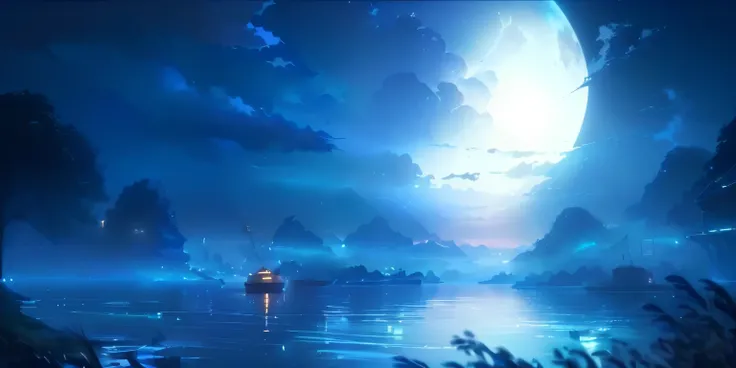 there is a boat floating on the water in the moonlight, makoto shinkai cyril rolando, wallpaper anime blue water, anime landscape wallpaper, blue sea. by makoto shinkai, anime beautiful peace scene, inspired by Makoto Shinkai, makoto shinkai. —h 2160, styl...