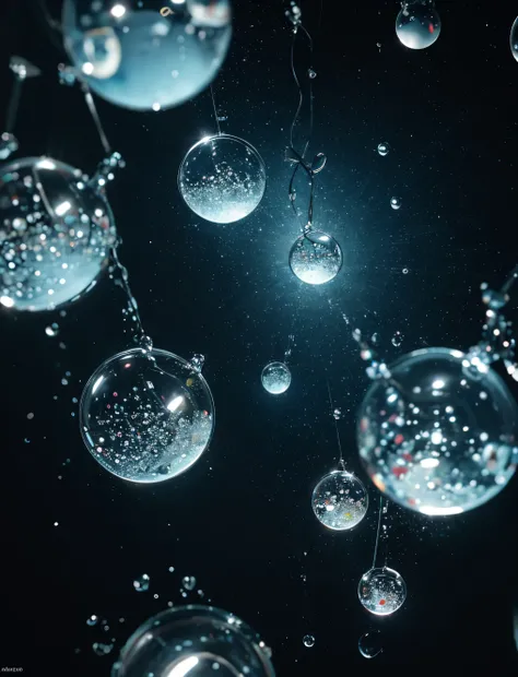 Artistic water droplets, suspended in water space. Detail and clear.
