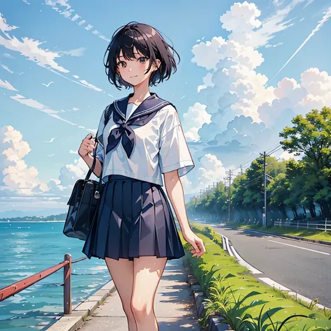 A girl is riding a bicycle alone、Beautiful 18 year old Japanese woman、Hair color is black、black eye、Medium Hair、short hair、Straight hair、smile、slender but well-proportioned body,、Im wearing a sailor suit、Short sleeve、Wearing a navy blue pleated skirt、Short...