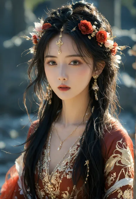 beautyful woman in a silk dress with a flower crown on her head, red and gold attire a stunning portrait of a goddess, a beautiful fantasy empress, traditional beauty, beautiful oriental woman, portrait of a beautiful goddess, wearing an ornate outfit, wea...