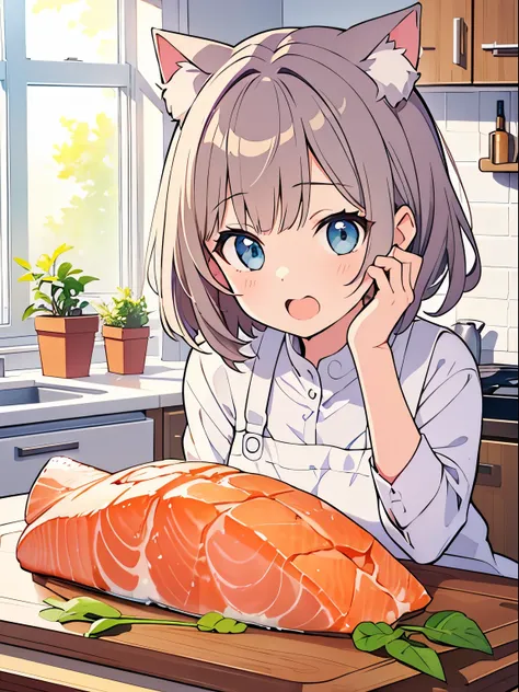 ((There is salmon on the cutting board)), kitchen, indoor, ((One girl)), cute, {(Cat face), (Cat Eyes), (Cat mouth), (Cat ear)}, (Open your mouth wide), tooth, Gray Hair, Bobcut, apron, Daytime, Upper Body Shot, ((Highest quality)), ((masterpiece)), (detai...