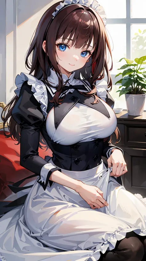 High resolution,masterpiece, Highest quality, Kuo Shenlin , heterochromia , Brown hair, smiling , (((busty))),1girl, sensual body, Her cheeks flushed , maid , shopping