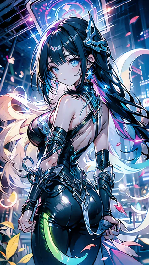 a (Stunning young Malaysian woman strolling)(Friendly fluorescent tentacle creature) In the starry sky、Neon lights on the beach, Otherworldly Skies