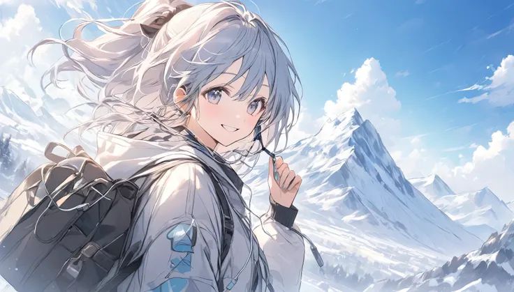 Listening to music with earphones、Smiling woman、Beautiful mountains seen from the plateau、