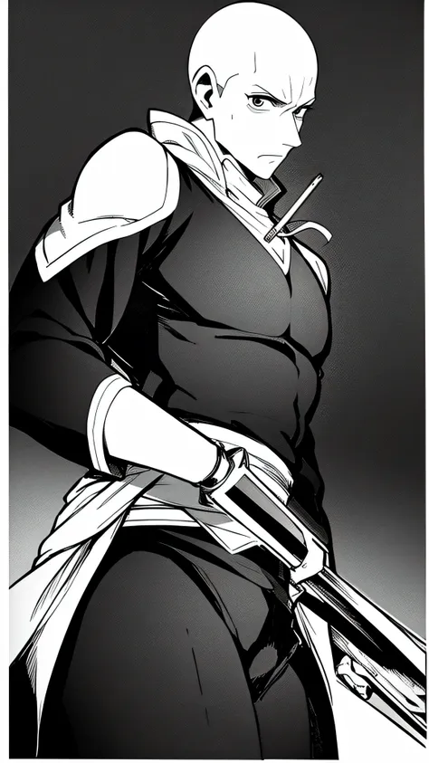 bald man with long sword looking down, view from down black and white manga image