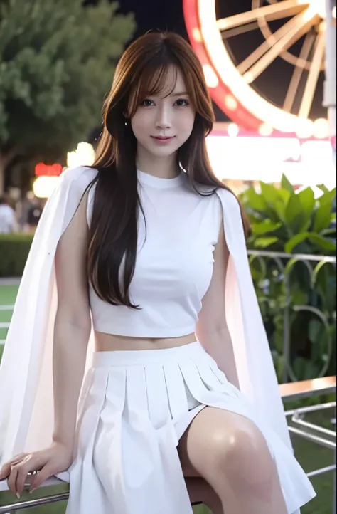 1woman, solo, close up,slender,long hair, smile,white Brause and white see through Cape and pink mini- skirt,soft smiling,8k, high quality:1.3, sitting at table in amusement Park,((night)), cinematic ,