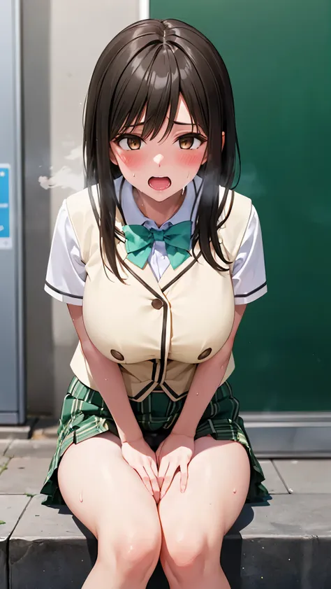 best quality,1girl,((big breasts:1.3)),curvy,((orgasm,blush,sweat,steam:1.3)),yui kotegawa, black hair, (brown eyes:1.5), long h...