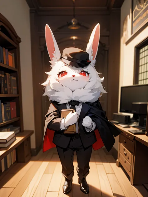 A little plush bunny wearing black suit, red eyes, fantasy world, medieval enviroment, inside an office, fluffy bunny, plush bunny, holding a book