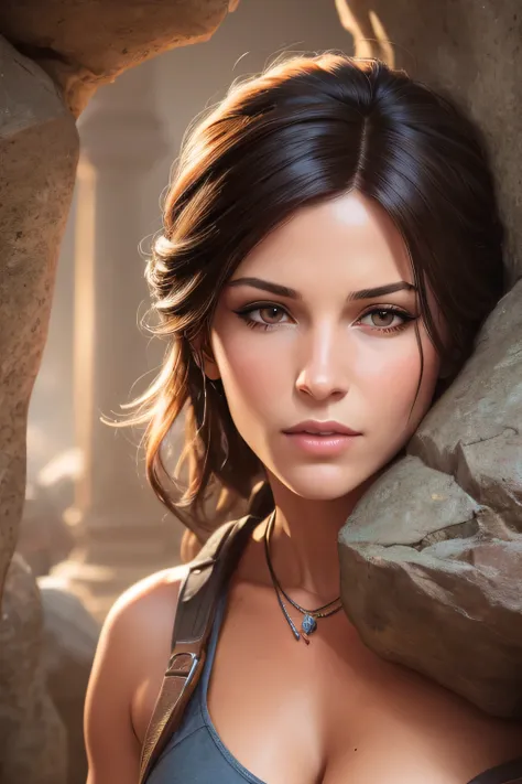 Lara Croft looking towards an old temple build in a rock, DLSR, sharp focus, soft lighting, photorealistic, masterpiece, perfect face, ultra detailed face, beautiful brown eyes, beautiful face, lean body, perfect anatomy
