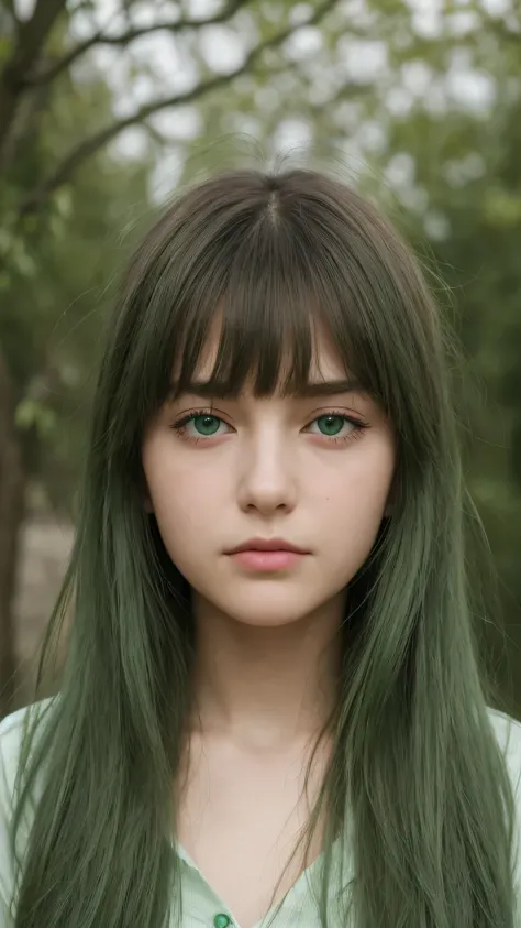 a girl.  Europe.  Extremely detailed face.  Oval face.  delicate facial features.  half-closed eyes.  long straight hair.  messy hair.  bangs.  green hair.  green eyes.  afraid.  Sad.  shy.  straight face