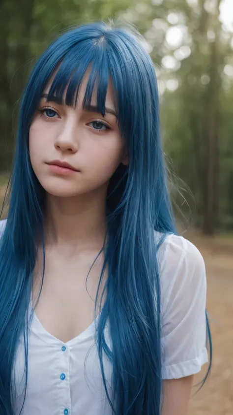 a girl.  Europe.  Oval face.  delicate facial features.  charming.  half-closed eyes.  blue eyes.  long straight hair.  messy hair.  bangs.  blue hair.  Sad.  shy.  straight face.  outdoor