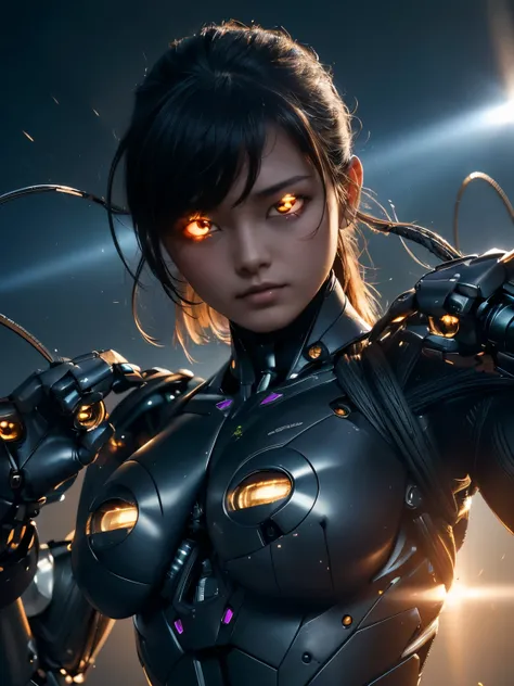 (a humanoid has mechanical body and head, (((emit rays from lenses on her breasts))), (cables), round face, outside, combat, fighting, weapons), drooping eyes,