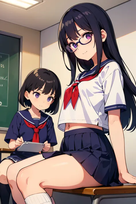 On the right is an elementary school girl, 8 years old, toddler, flat chest, black hair, short bob, glasses, purple eyes, white short-sleeved sailor uniform　Navy blue mini skirt　 White panties （（I can see her panties）） White socks sneakers　On the left is a...