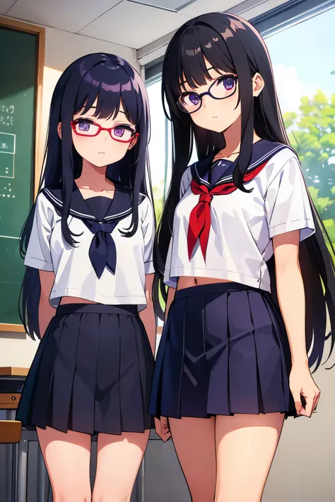 On the right is an elementary school girl, 8 years old, toddler, flat chest, black hair, short bob, glasses, purple eyes, white short-sleeved sailor uniform, navy blue miniskirt, white panties （（I can see her panties）） White socks, sneakers. On the left is...