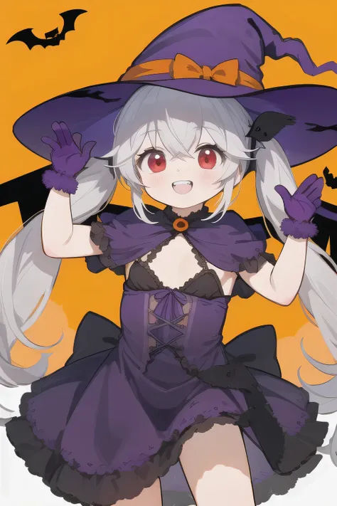 Highest quality、Halloween、witch、Gray Hair、Red Eye、Twin tails、smile、Double teeth、Small breasts、In town