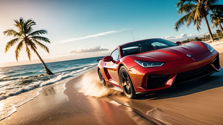 stunning red sports car speeding on a sandy beach near swaying palm trees, beautiful detailed car, extremely detailed interior, dynamic motion blur, golden hour lighting, cinematic dramatic lighting, warm color tones, hyper realistic, 8k, photorealistic