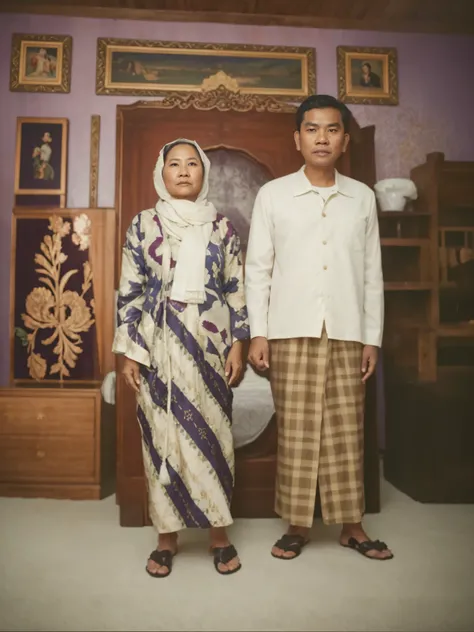 Maake this photo look realistic and detailed, there are two people standing next to each other in a room, black slippers, an indonesian family portrait, dramatic portraiture of namenlos, barong family member, by Basuki Abdullah, barong family, portrait of ...