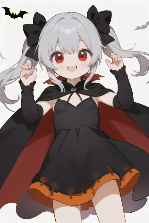 Highest quality、Halloween、Black Dress、Cape、Gray Hair、Red Eye、Twin tails、smile、Small breasts、In town