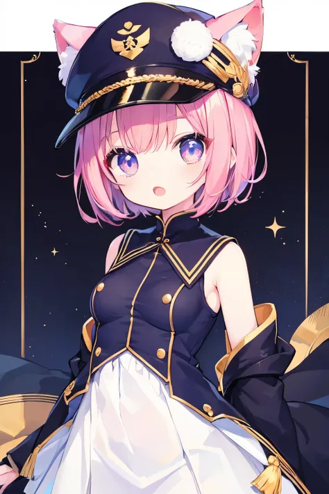 navy uniform、Very beautiful and Shining Eyes、Shining Eyes、1 Girl、Small breasts、Big Mouth、high school girl、Large Breasts、Cat ear、Transparent pink short hair、7-year-old girl