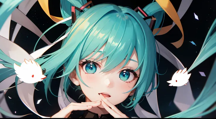 Anime girl with blue hair and a bird on her head, Portrait of hatsune miku, Mikudayo, Hatsune Miku portrait, Anime Style 4K, Turquoise hair anime girl, friend, Hatsune Mikus Face, Vocaloid, 4k anime wallpaper, hatsune miku, anime wallpaper 4k, anime wallpa...