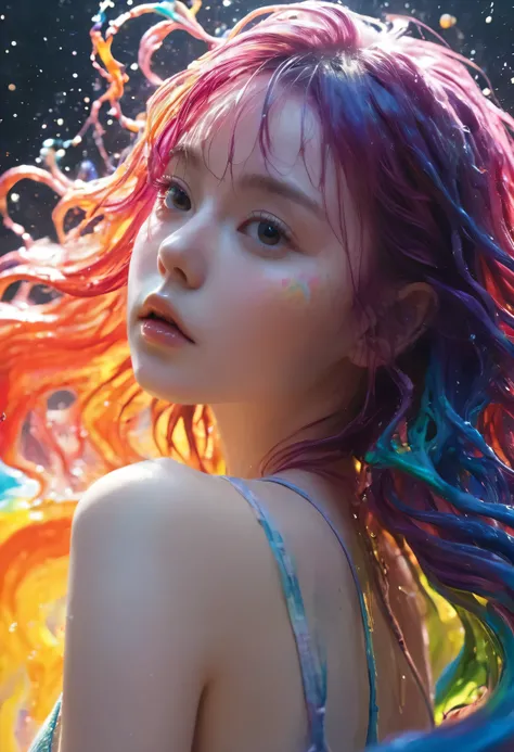 (Level Difference:1.8),(Paints collide and splatter on the canvas),(Depth of written boundary),(Flat Color:1.1,(theme)),1 girl,Poster,13 years old, Young face, Short Hair, Medium bust, (Liquid dye applied to naked skin:1.4), Full body woman love,Strong win...