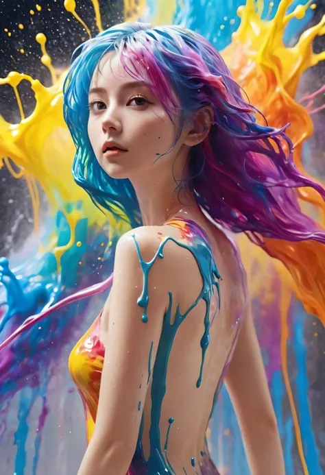 (Level Difference:1.8),(Paints collide and splatter on the canvas),(Depth of written boundary),(Flat Color:1.1,(theme)),1 girl,Poster,13 years old, Young face, Short Hair, Medium bust, (Liquid dye applied to naked skin:1.4), Full body woman love,Strong win...