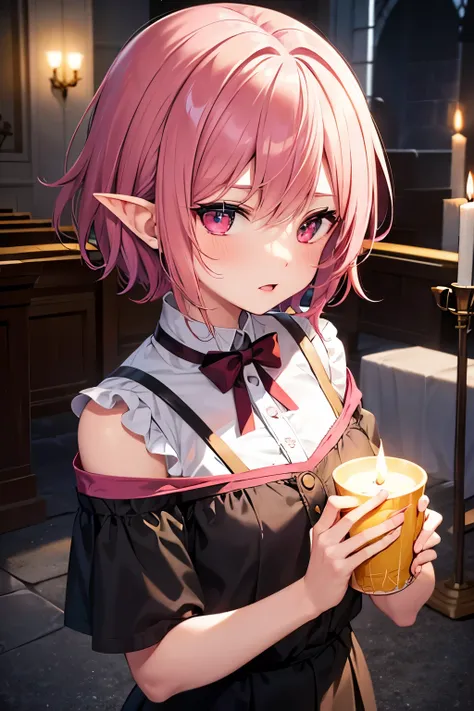 Girl, anime, holding a candle, wearing an old shirt, vampire, short hair, pink, pointed ears, mens short hairstyle, church candle, vampire, temples shaved