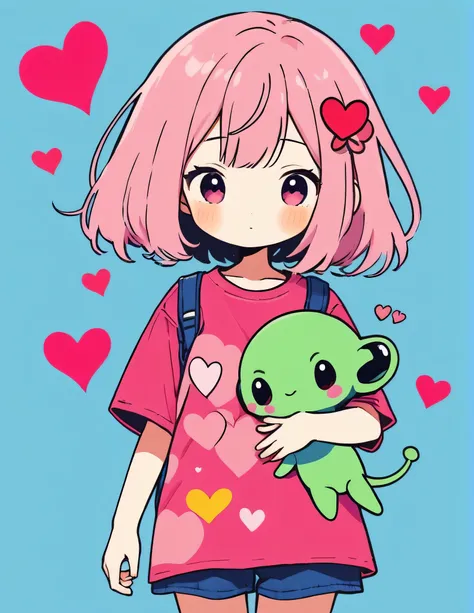 Momoko Sakura colorful style, Simple Line Initialism，Abstract art，Kawaii Design, The most beautiful girl of all time、chibi, (((Hug Cute humanoid alien)), (((Cute humanoid alien))), colorful hearts, Stylish summer t-shirts