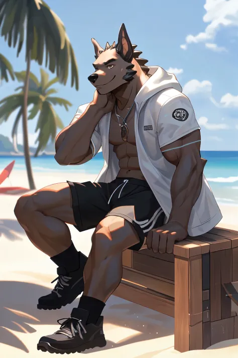 Solitary, Beast field, (dog), anthropology, Male youth, ((Palm)), scales, Tail, Handsome, White jacket and shorts,A little muscle showing under the coat, modern, Beach,sit,sand,Smile, epic, Depth of Field, Perfect lighting,(best quality),(masterpiece),(ult...