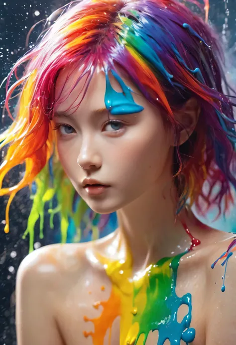 (Level Difference:1.8),(Paints collide and splatter on the canvas),(Depth of written boundary),(Flat Color:1.1,(theme)),1 girl,Poster,13 years old, Young face, Embarrassed expression, Short Hair, Medium bust, (She is having liquid dye applied to her naked ...
