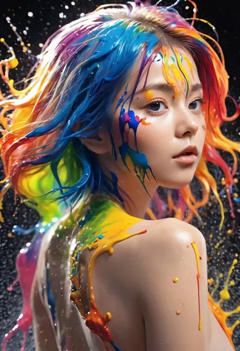 (Level Difference:1.8),(Paints collide and splatter on the canvas),(Depth of written boundary),(Flat Color:1.1,(theme)),1 girl,Poster,13 years old, Young face, Embarrassed expression, Short Hair, Medium bust, (She is having liquid dye applied to her naked ...