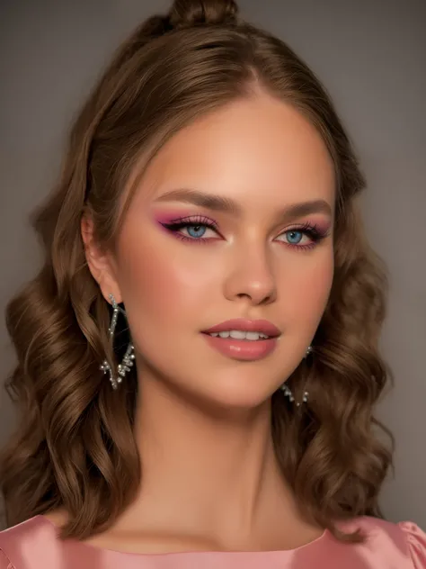Extremely detailed professional realistic image of a 25 year old woman she is wearing a pink ballgown pixie cut, natural skin, no freckles, blue eyes, wrinkles, dark hair, high cheekbones, perfect makeup, symmetrical nostrils, narrow nose, silver earrings,...