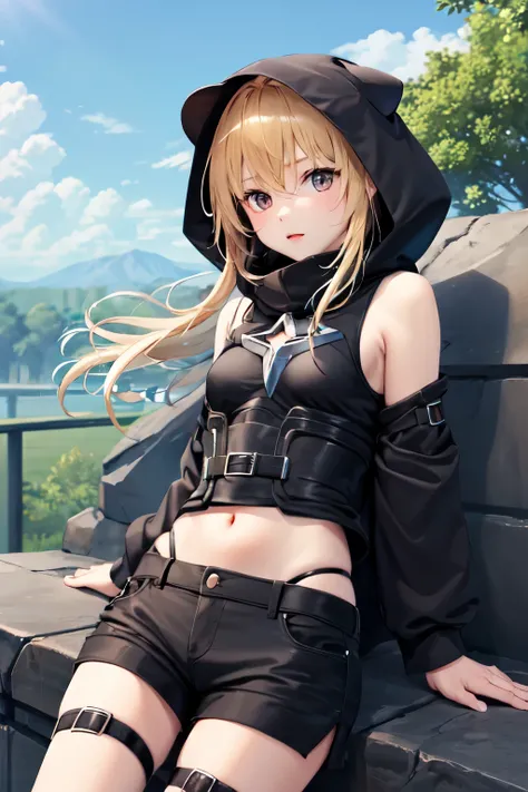 1 girl, adolescent, black hood, blue shorts, long and blond hair, 