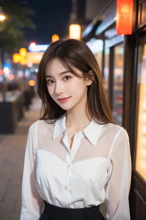 realistic, photogenic, short length bright-brown hair, hair fluttering in the wind, beautiful white-colored translucent skin, a little sunburned, medium build figure, ample breasts, small mouth, smile grinning, small nose, smooth round jawline, glossy face...