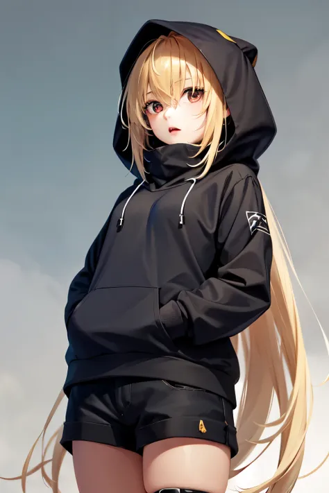 1 girl, adolescent, black hood, blue shorts, long and blond hair, 